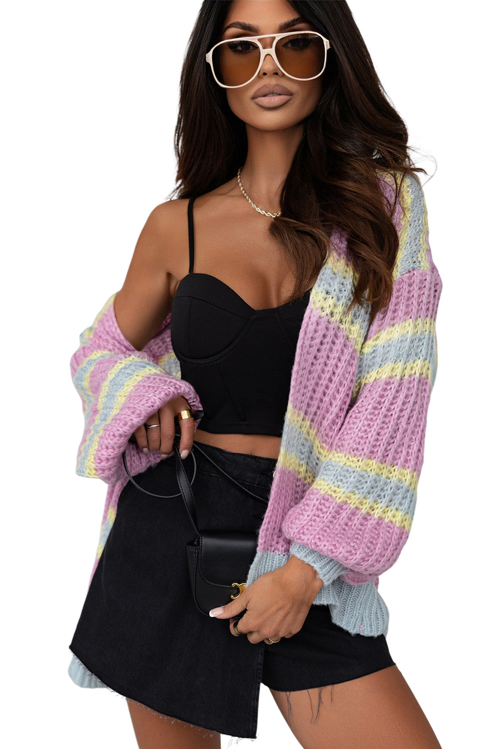Rosa gestreifte strickjacke mit offener vorderseite und kontraststreifen