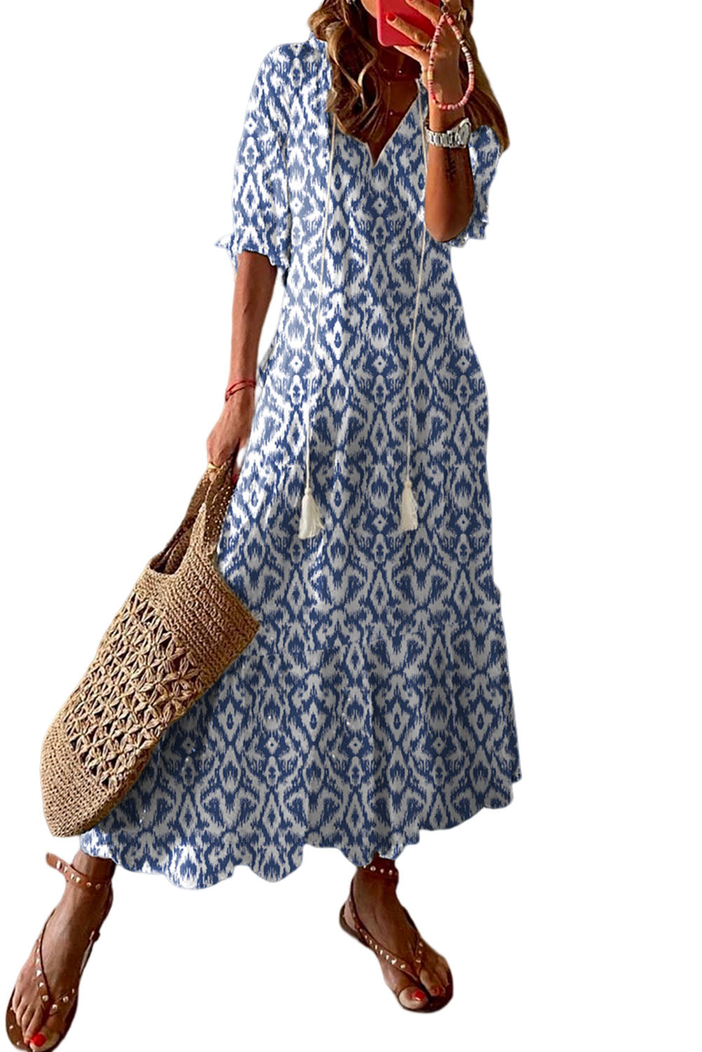 Himmelblau V-Ausschnitt Casual Geometric Print Maxikleid