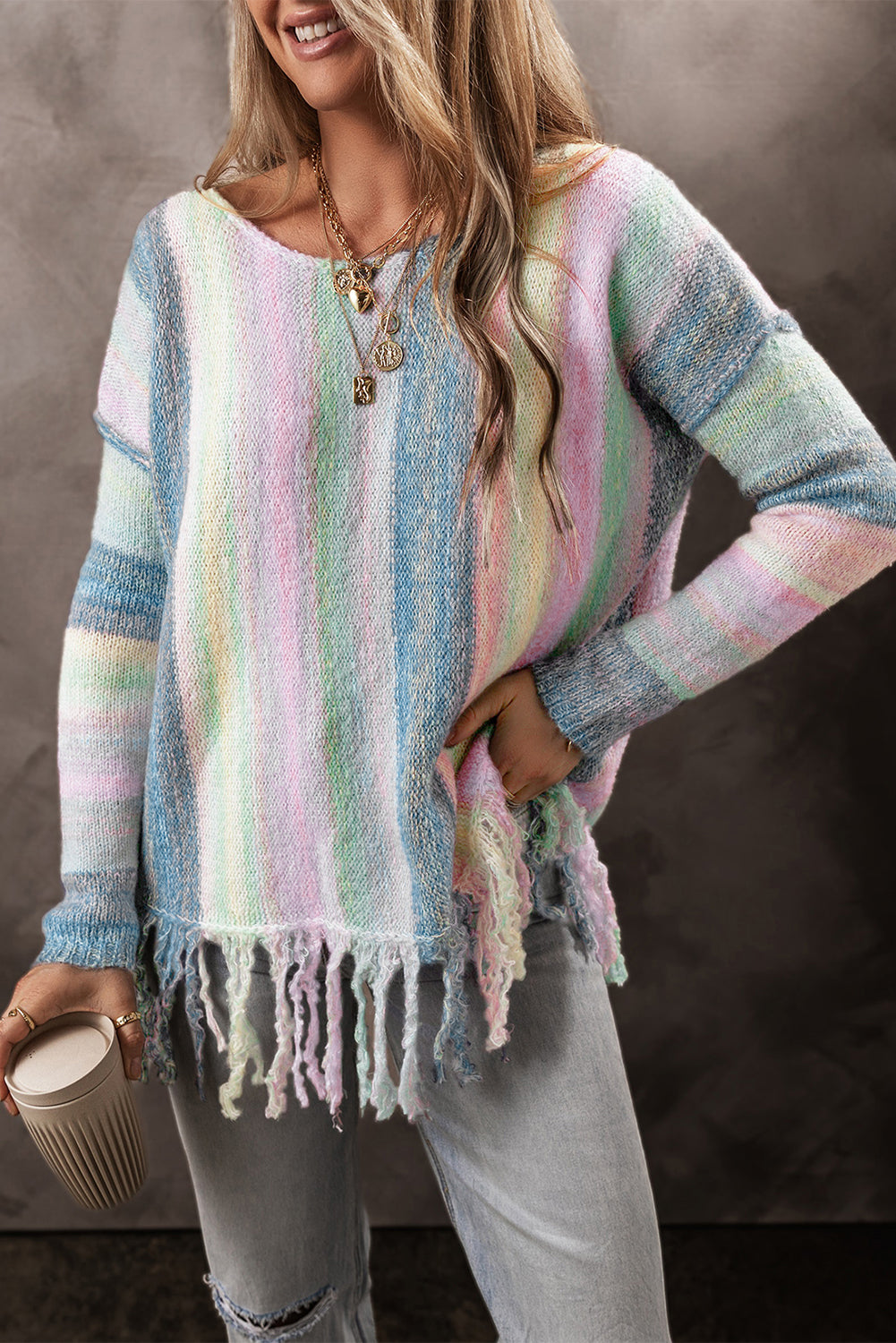 Lila farbe block fransen drop shoulder tunika pullover