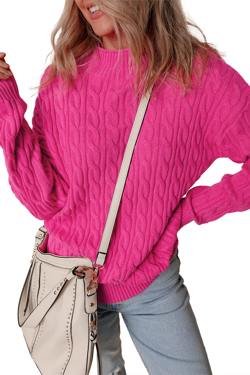 Rose red solid kabel stricken hohen hals drop shoulder pullover