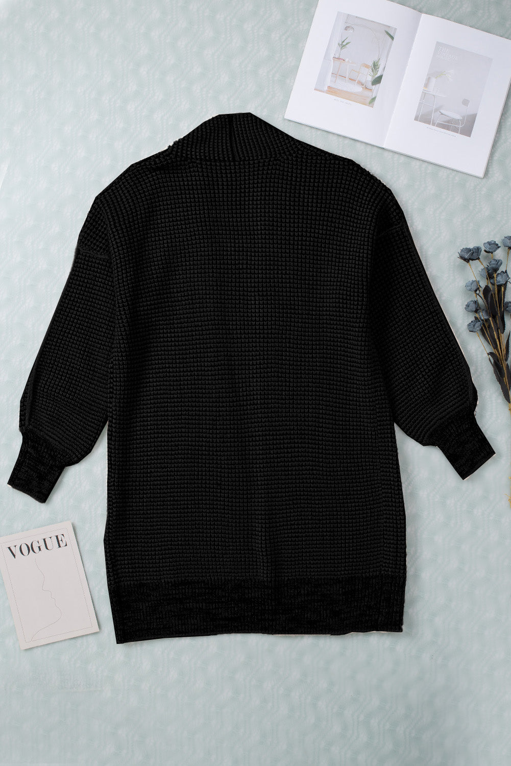 Schwarz karierter strickcardigan mit offener vorderseite