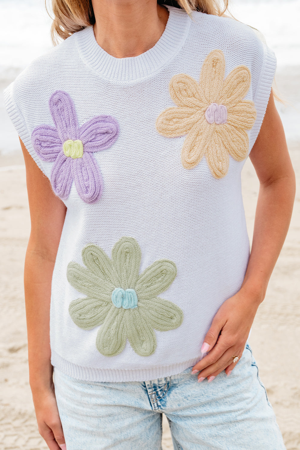 Weiß multi häkeln blume stricken kurze ärmel pullover tops