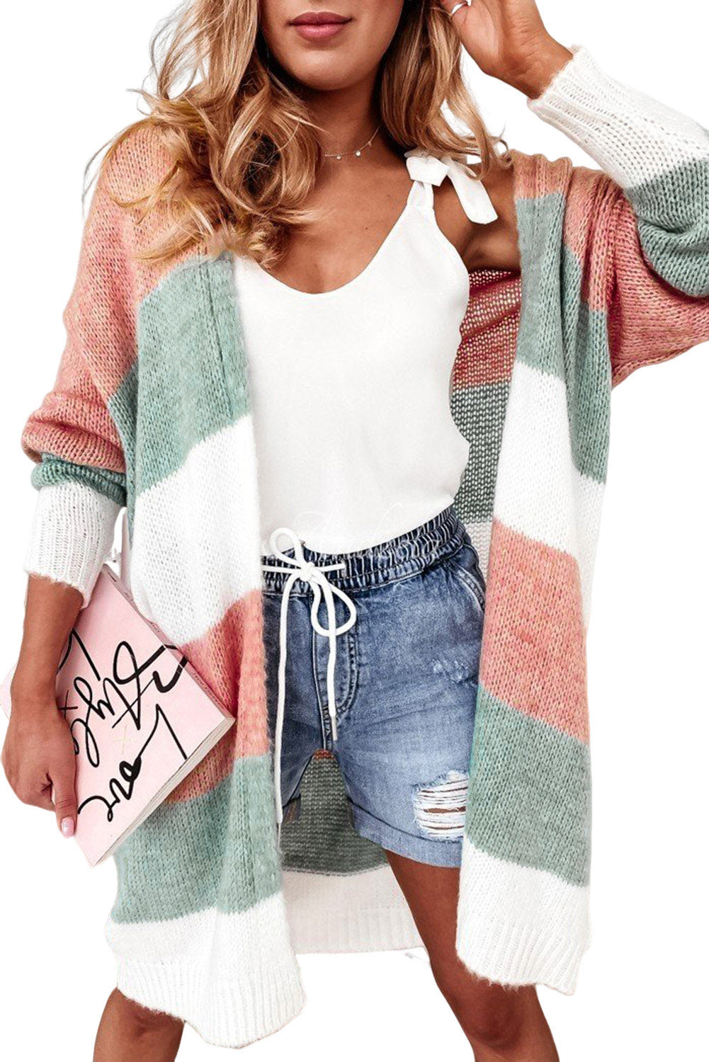 Grüner colorblock-streifen-cardigan mit offener vorderseite