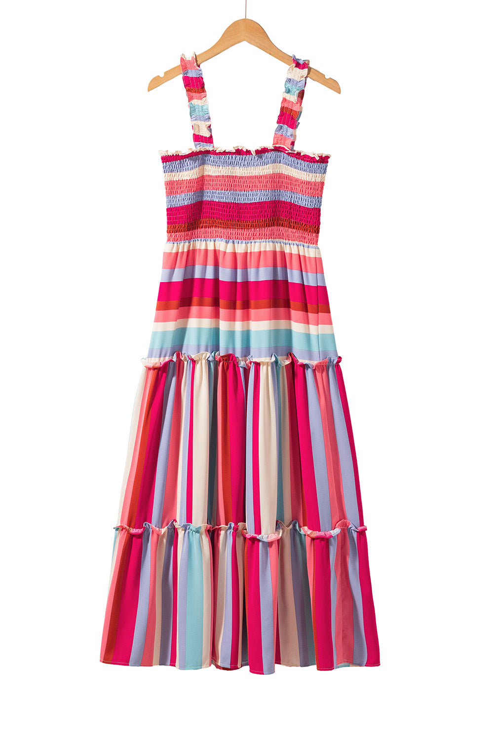 Rotes gestreiftes gerafftes Trägerband gerafftes langes Kleid