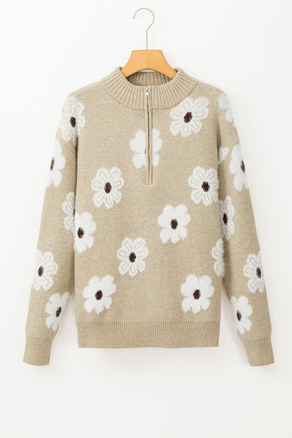 Khakifarbener pullover mit floralem muster und halber öffnung an der schulter