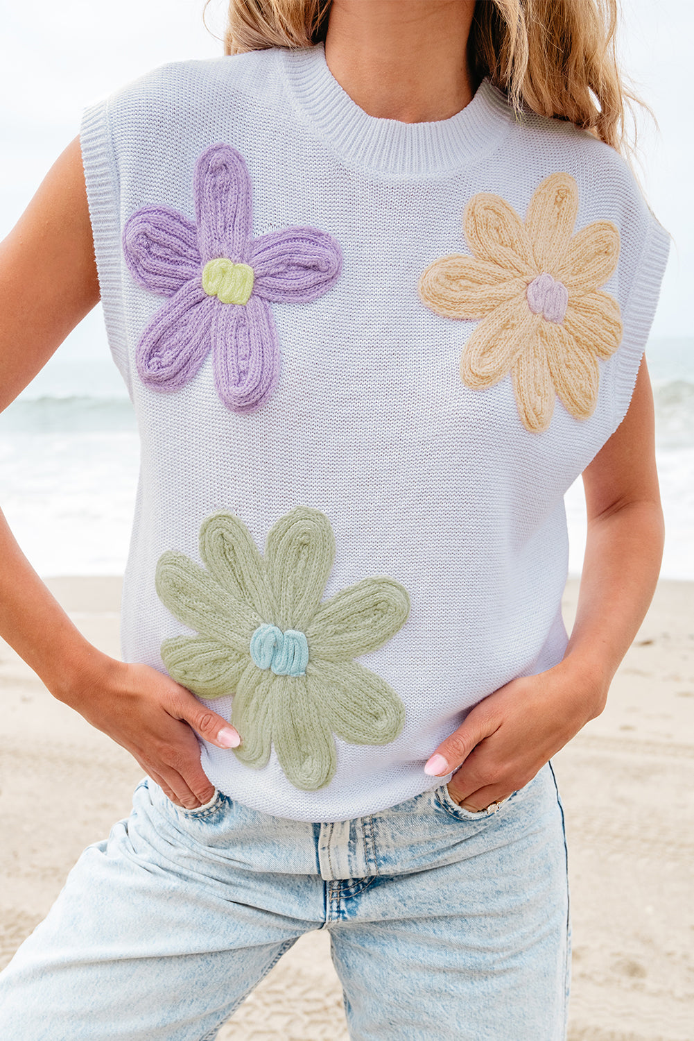Weiß multi häkeln blume stricken kurze ärmel pullover tops