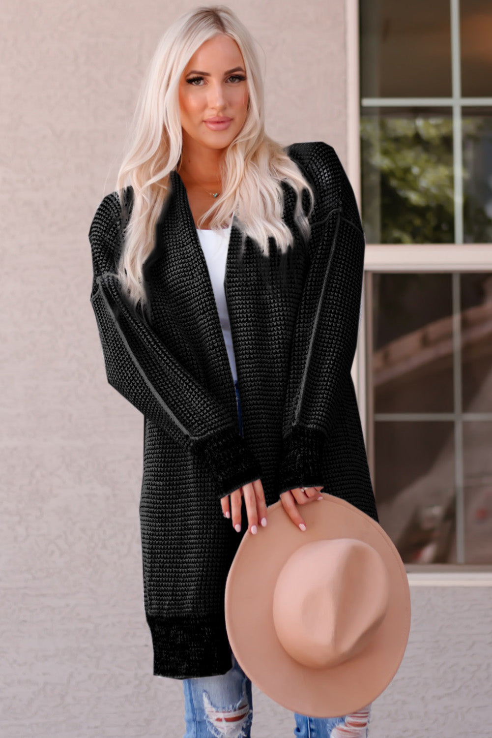 Schwarz karierter strickcardigan mit offener vorderseite