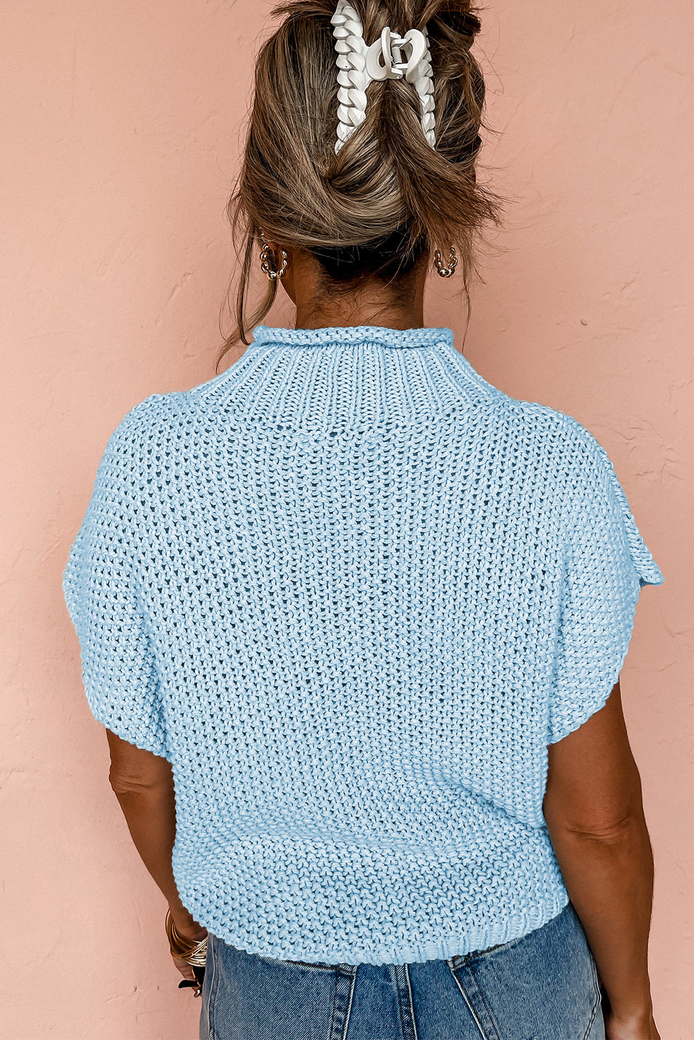 Island blau hochgeschlossener fledermaus-kurzarmpullover