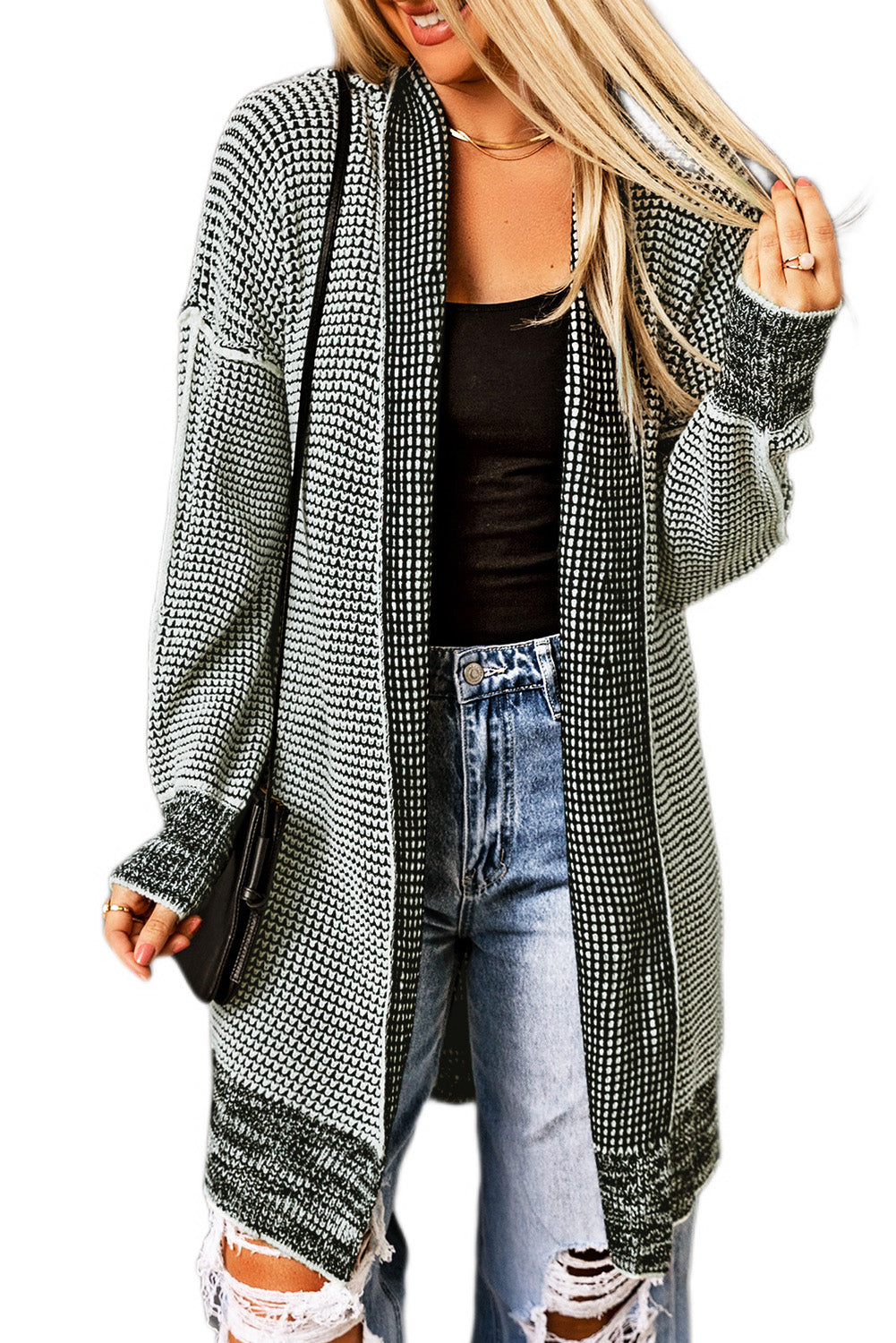 Graue karierte strickjacke mit offener vorderseite
