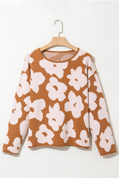 Braunes blumenmuster rundhalsausschnitt langarm pullover
