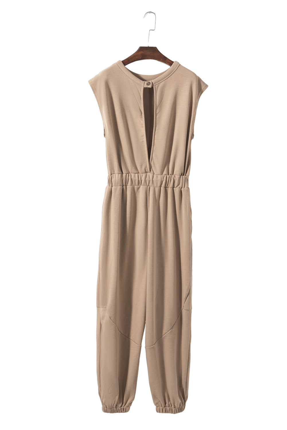 Light french beige cap sleeve open back drawstring jogger jumpsuit