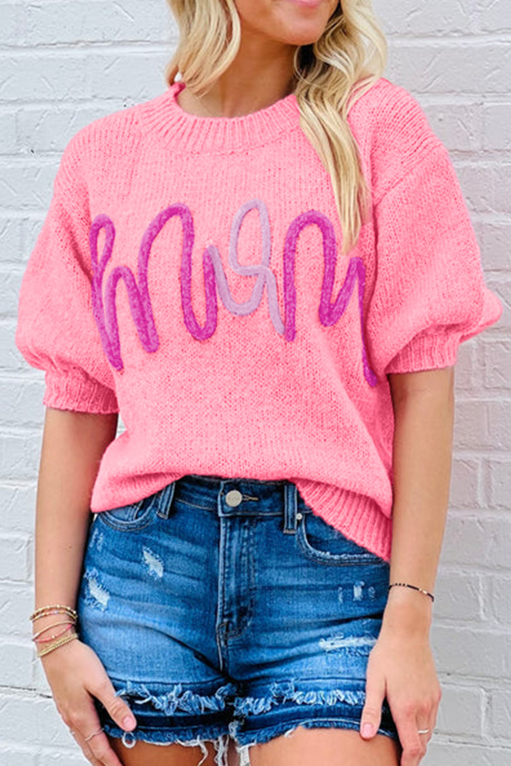 Bonbon mom tinsel front short sleeve pullover