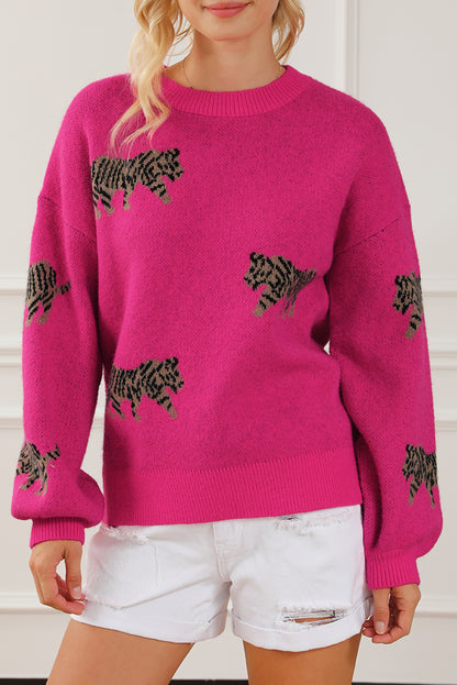 Rose rot fierce animal pattern casual pullover gestrickt