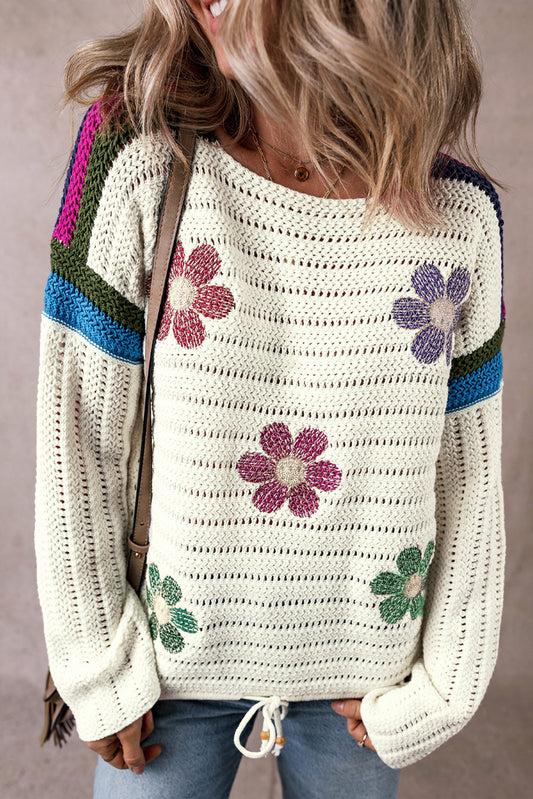 Weißer gänseblümchen-pointelle-strickpullover
