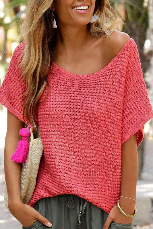 Red clay solid locker gestrickter pullover mit kurzen dolman-ärmeln