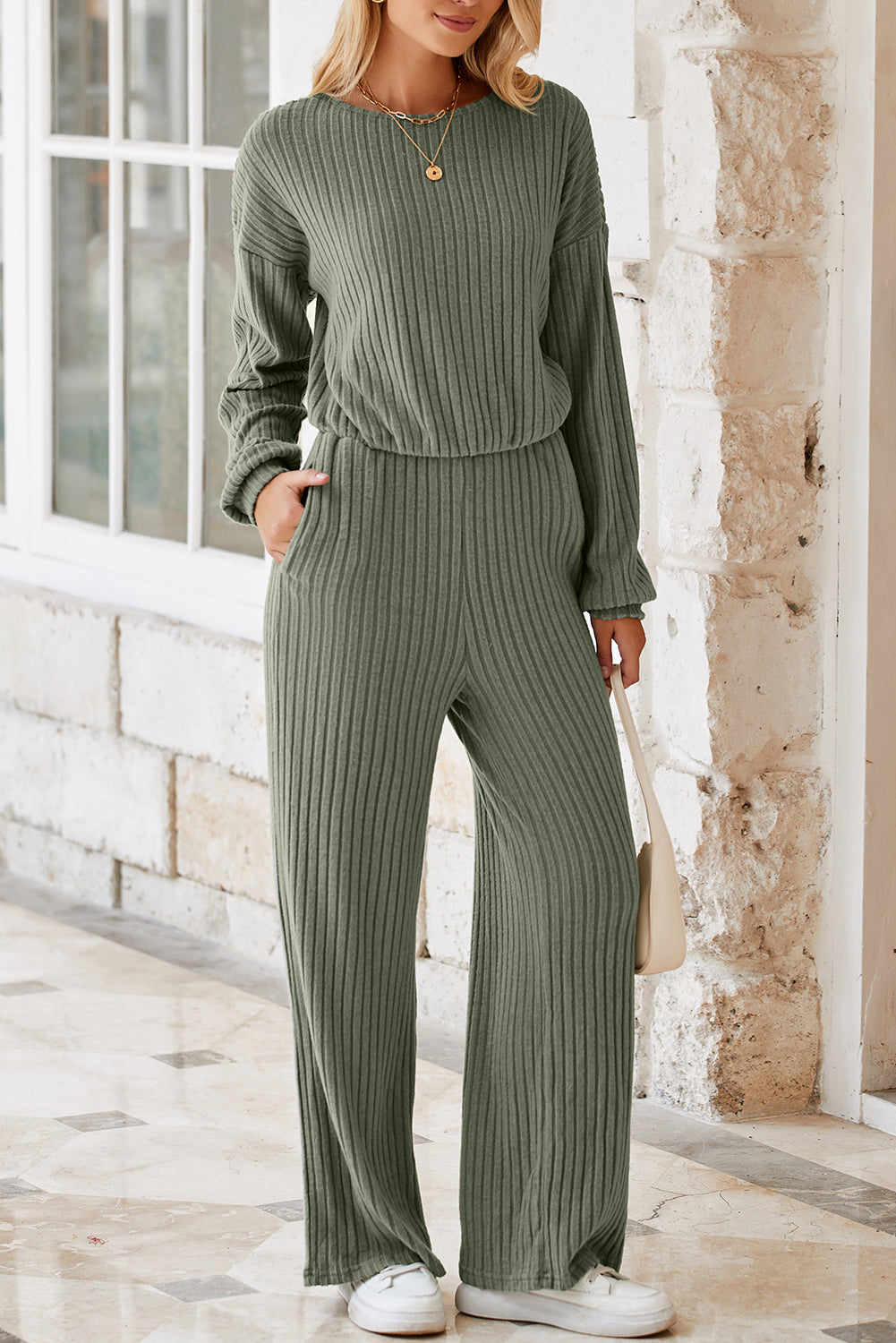 Lorbeergrüner vollrippstrick schlüsselloch zurück hohe taille jumpsuit