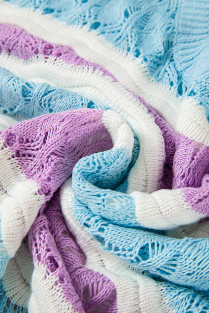 Lila streifen farbe block hollow out crochet halbe ärmel pullover