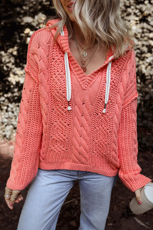 Gold flame cable knit v neck kontrast pullover mit kapuze und kordelzug