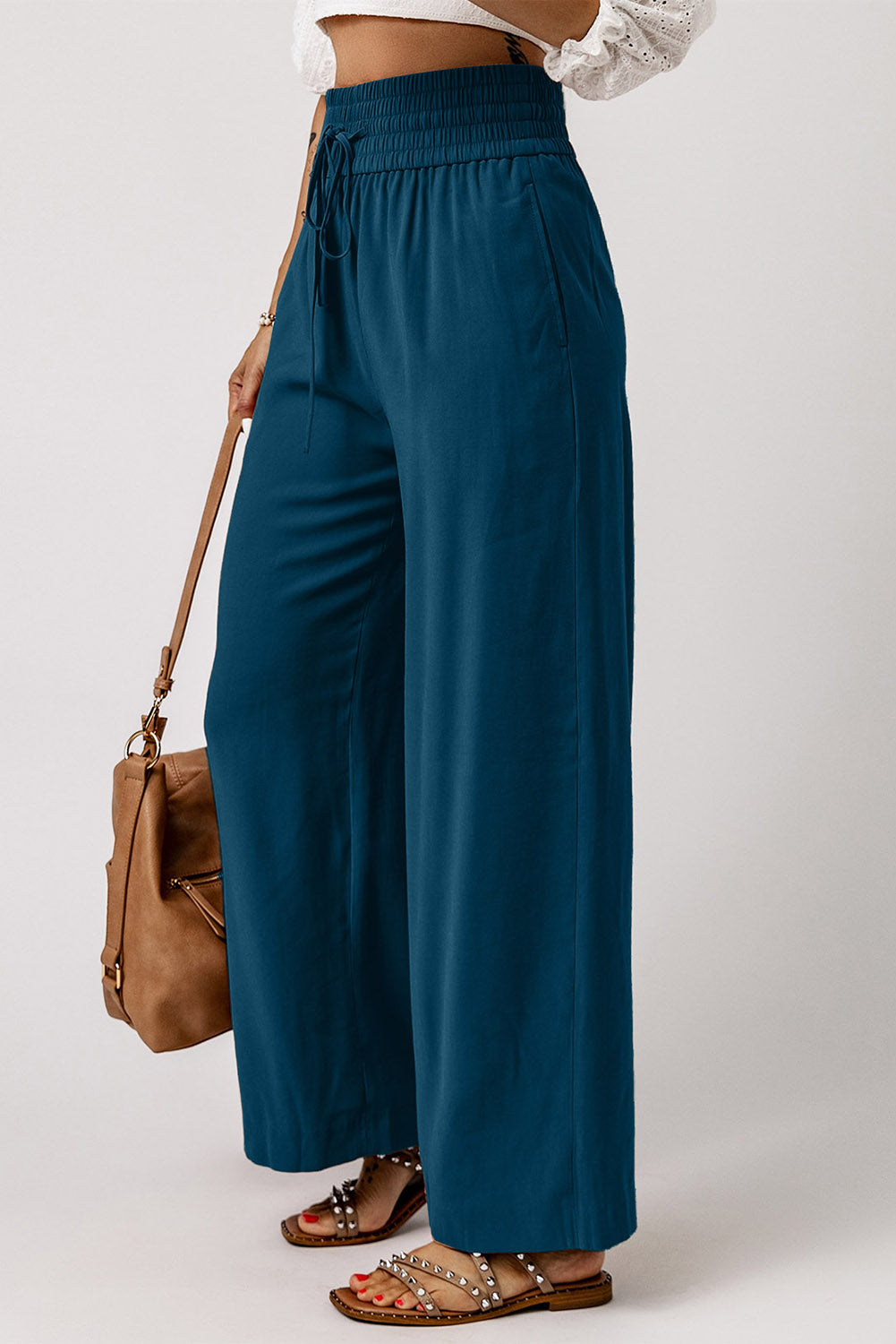Blaue drawstring elastische taille lässige hose mit weitem bein