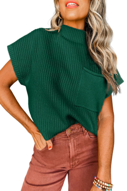 Schwarz-grüner aufgesetzter rippenstrickpullover mit kurzen ärmeln