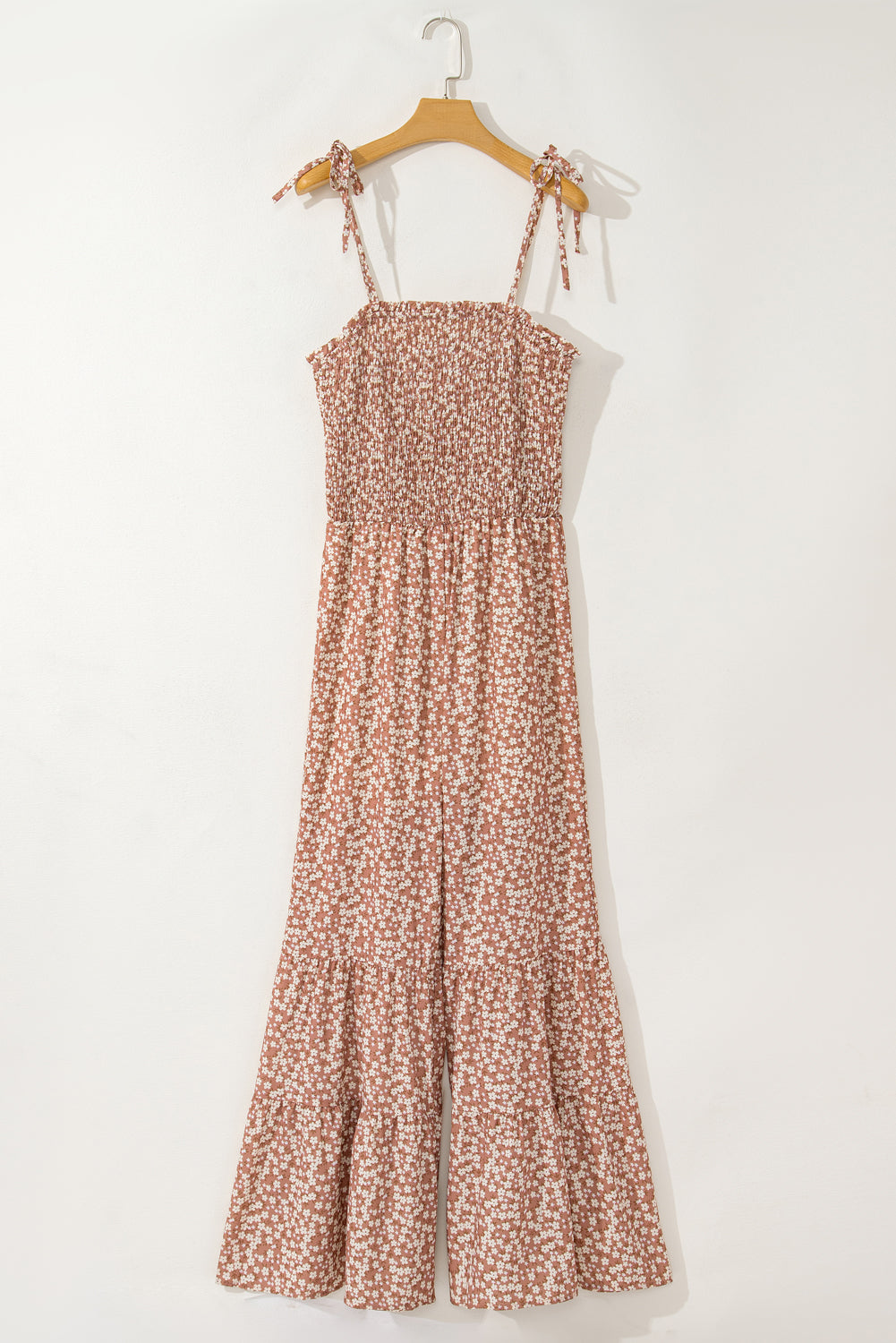 Khaki dünne träger gesmoktes oberteil weites bein floral jumpsuit
