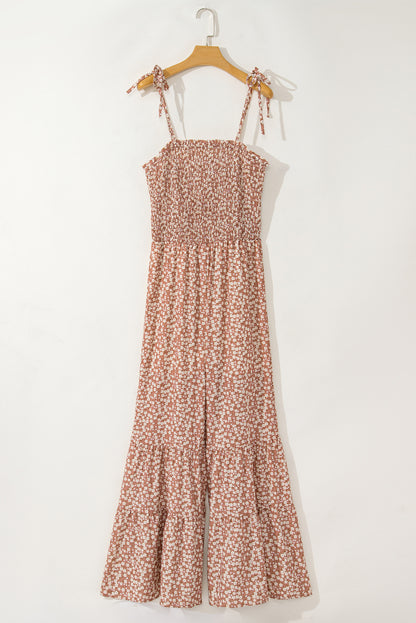Khaki dünne träger gesmoktes oberteil weites bein floral jumpsuit