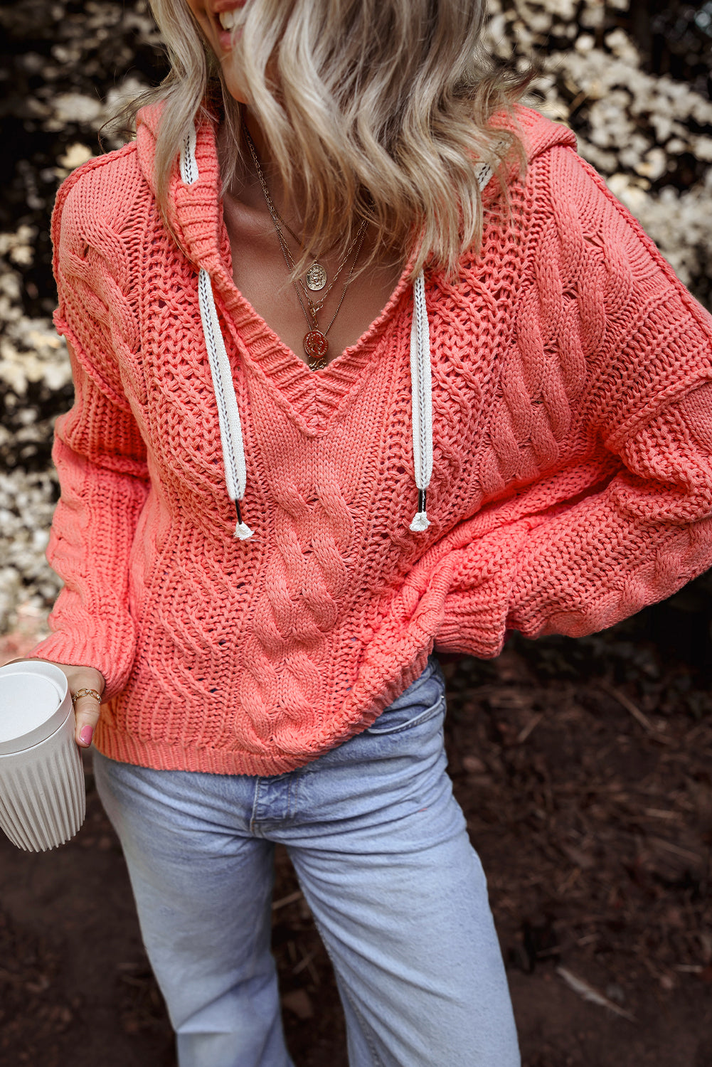 Gold flame cable knit v neck kontrast pullover mit kapuze und kordelzug