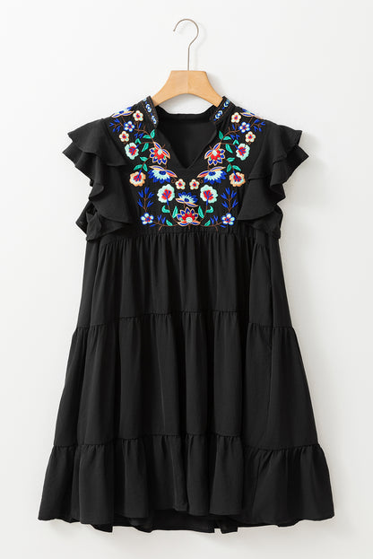 Schwarzes, mit blumen besticktes, gerafftes minikleid