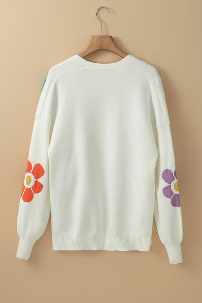 Weiße blume jacquared bubble sleeve open cardigan