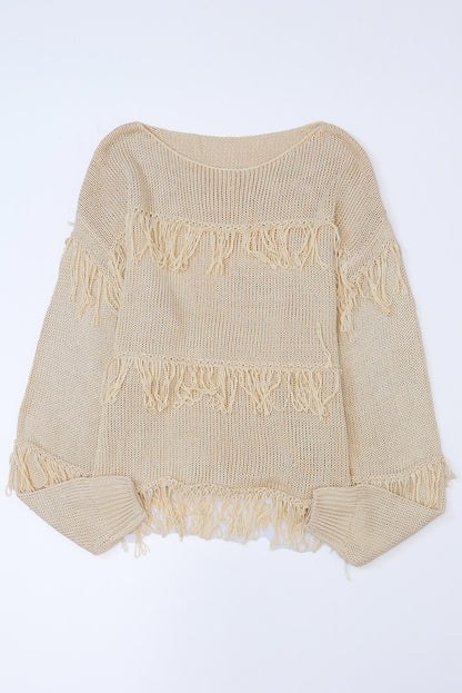 Khakifarbener boho-strickpullover mit quasten