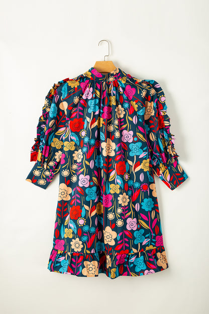 Grünes Minikleid mit Puffärmeln und Rüschen mit Blumendruck