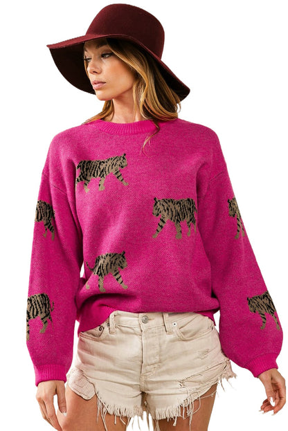 Rose rot fierce animal pattern casual pullover gestrickt