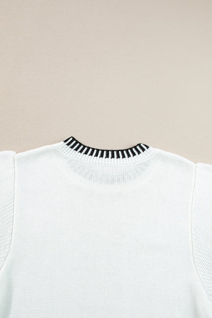 Weißer kontraststreifen rundhalsausschnitt batwing-ärmel gestricktes top