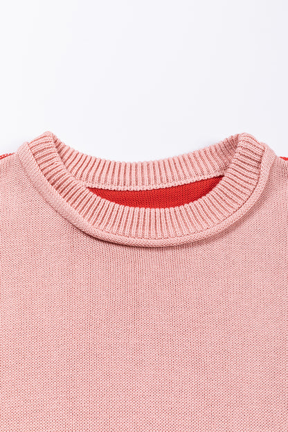 Rosa Colorblock Pullover mit gerippten Ärmeln