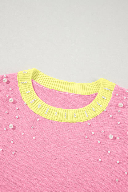 Rosenroter colorblock pullover mit rundhalsausschnitt und halben ärmeln mit perlen