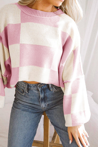 Rosa karierter pullover mit läuferärmeln