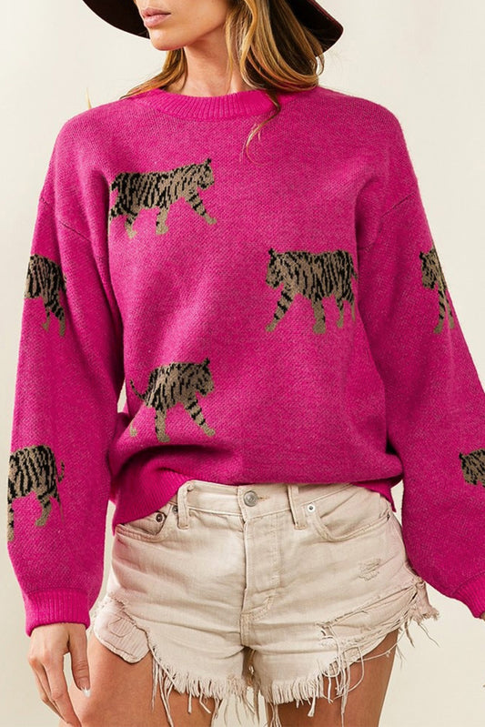 Rose rot fierce animal pattern casual pullover gestrickt