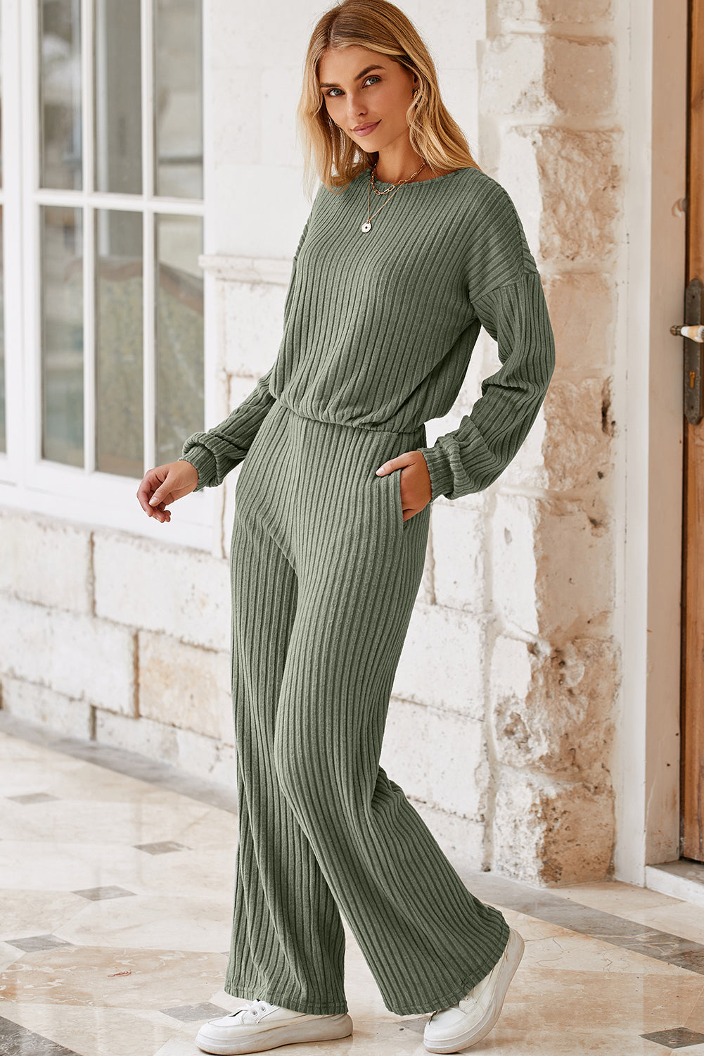 Lorbeergrüner vollrippstrick schlüsselloch zurück hohe taille jumpsuit