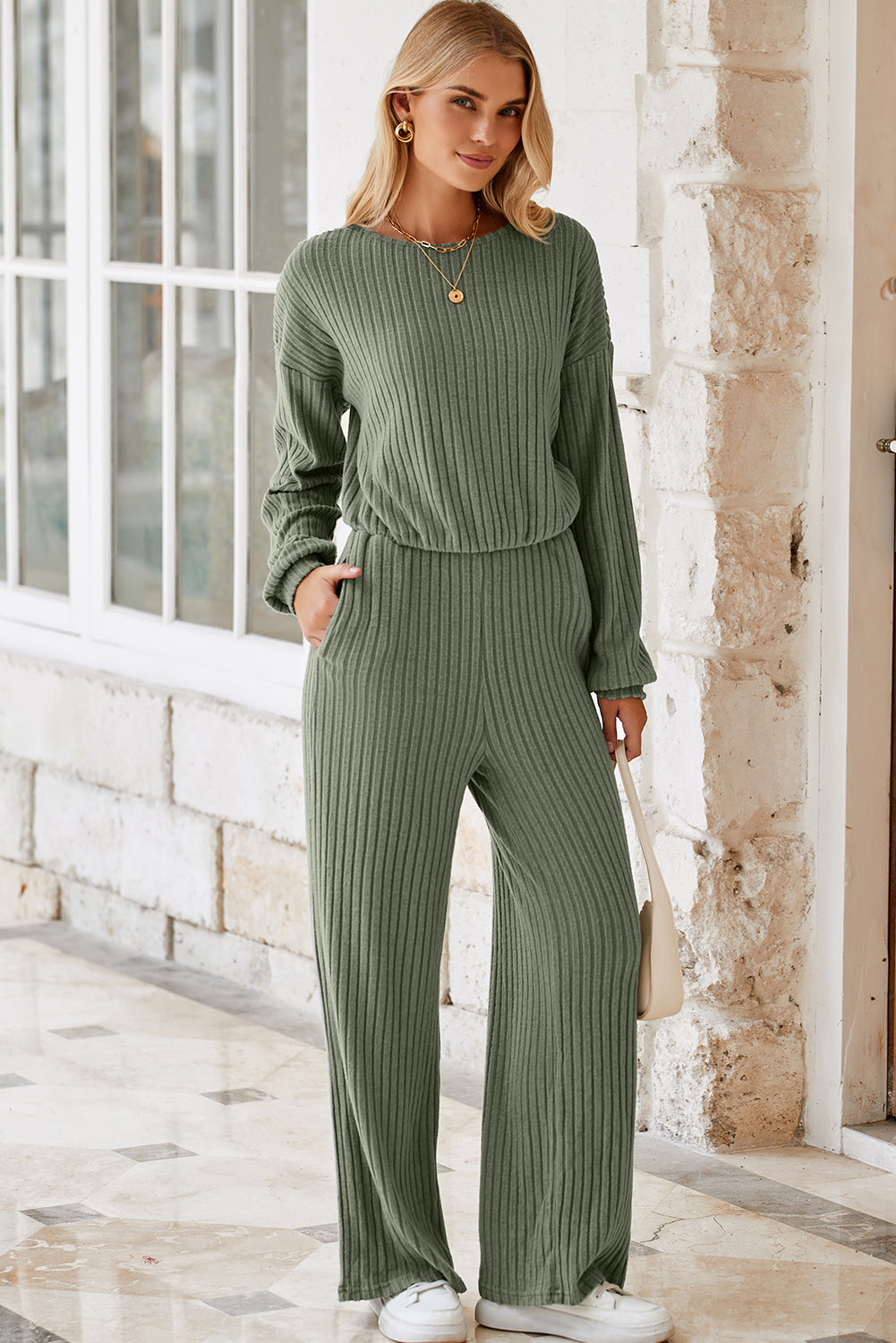 Lorbeergrüner vollrippstrick schlüsselloch zurück hohe taille jumpsuit