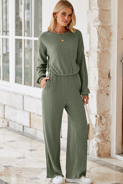 Lorbeergrüner vollrippstrick schlüsselloch zurück hohe taille jumpsuit