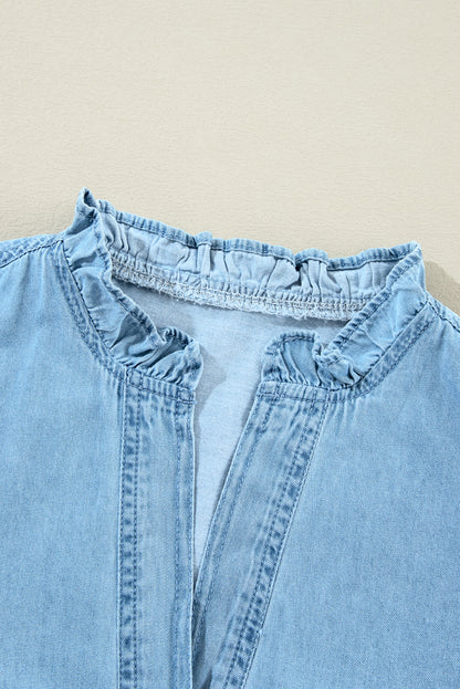 Myosotis Geraffter V-Ausschnitt Geknöpftes Shift-Denim-Kleid