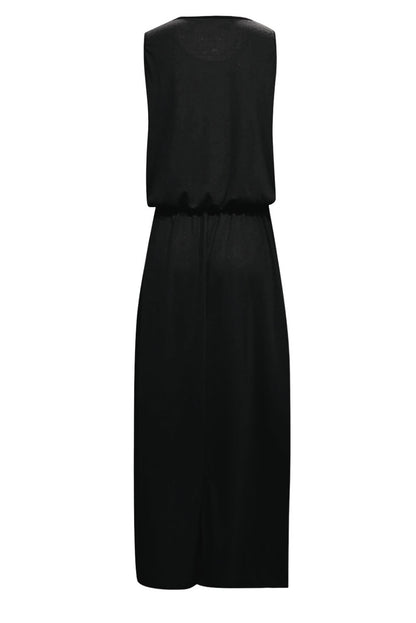 Schwarzes einfarbiges ärmelloses Tunika Maxikleid mit Schlitz