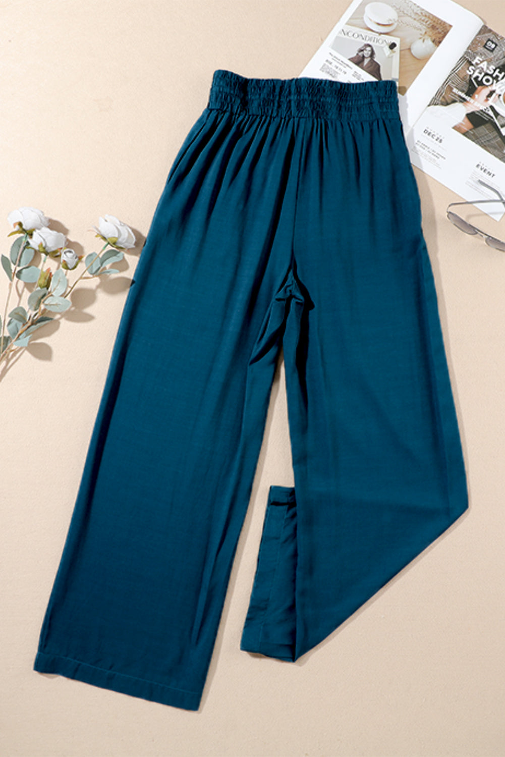 Blaue drawstring elastische taille lässige hose mit weitem bein