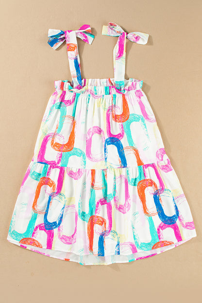 Weißes minikleid mit abstraktem druck und geknoteten trägern mit rüschen