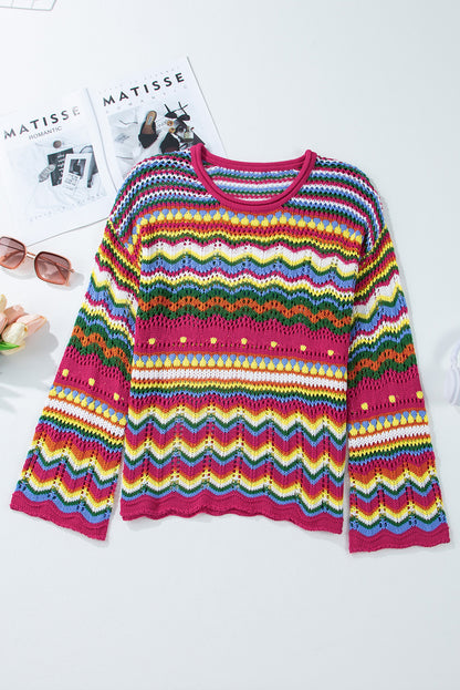 Rosenroter colorblock gestreifter strickpullover mit losen ärmeln