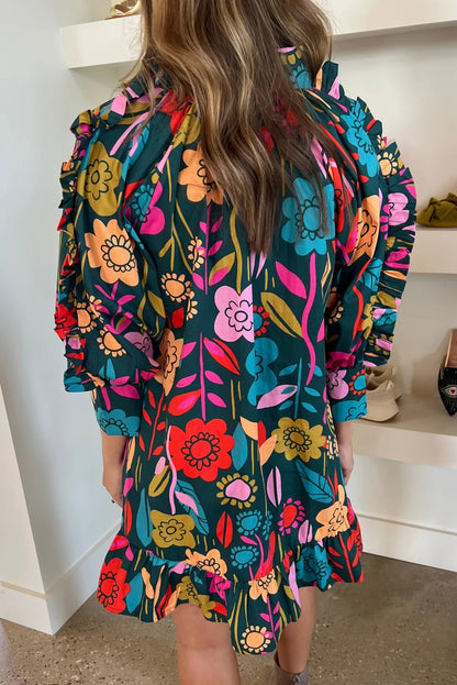 Grünes Minikleid mit Puffärmeln und Rüschen mit Blumendruck