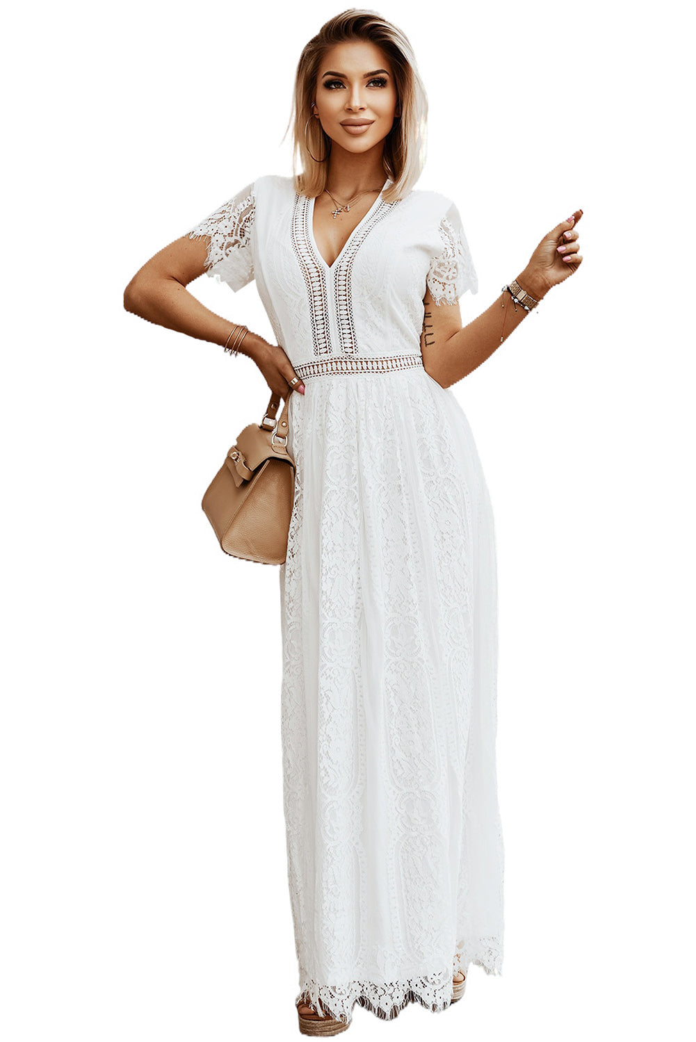 Weißes maxikleid mit v-ausschnitt und hoher taille aus spitze