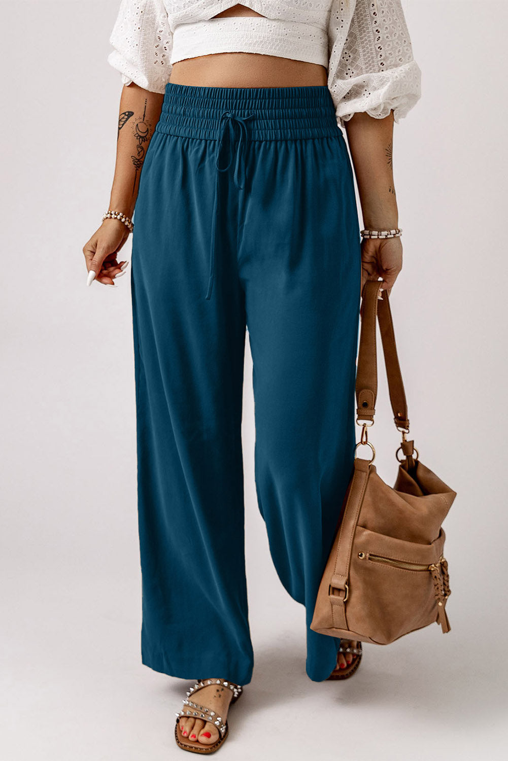Blaue drawstring elastische taille lässige hose mit weitem bein