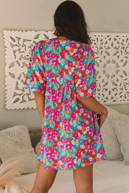 Himmelblau floral print krawatte split neck bubble sleeve babydoll kleid