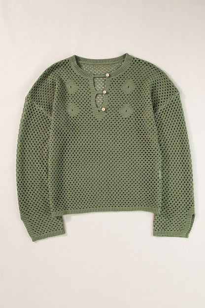 Vineyard green offener strick mit geknöpftem halsausschnitt pullover mit geteilten ärmeln